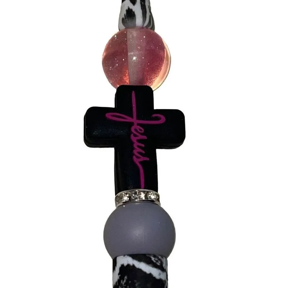 Jesus cross Christian pen handmade black pink Galaxy glitter bling NEW